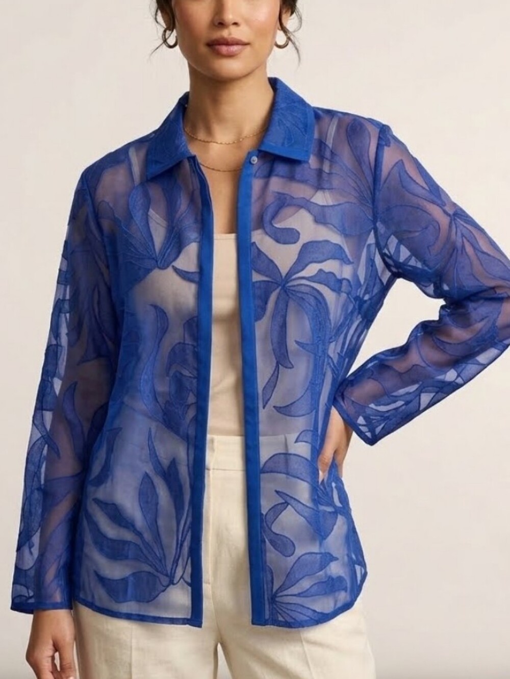 Chicos Sheer Silk Embroidered Floral Organza Button Top Blouse